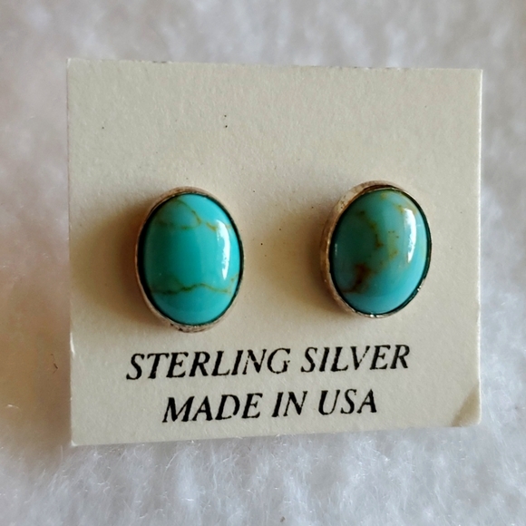 Sterling and Turquoise Studs Oval - Picture 1 of 3